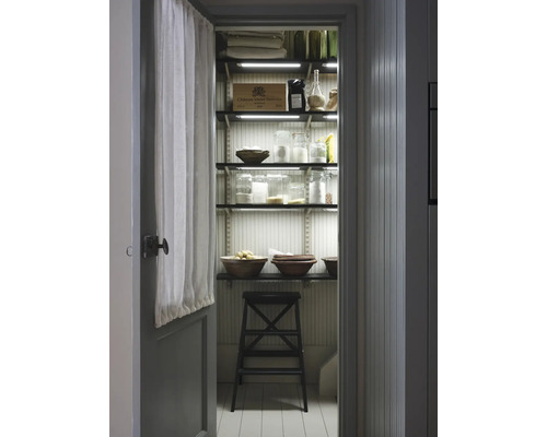 Blick in eine Vorratskammer mit Regalen, Lebensmitteln und einer Leiter