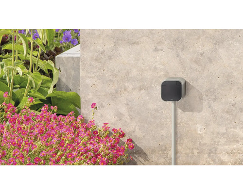 Wallbox für Elektroautos an einer Wand mit Blumen im Garten