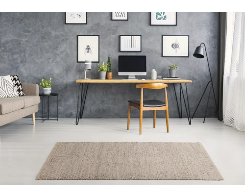 Wohnzimmer mit Sofa, Schreibtisch, Stuhl und Teppich