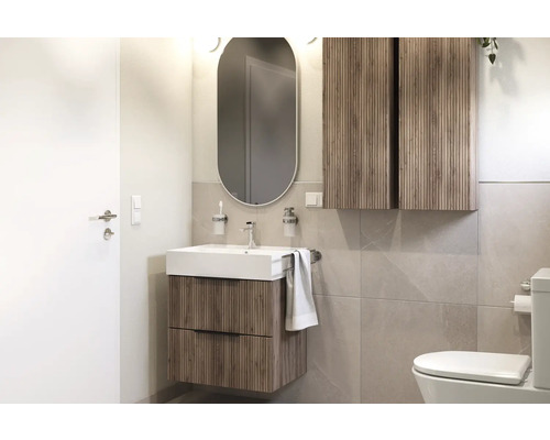 Badezimmer mit Waschbecken, Spiegelschrank und Toilette