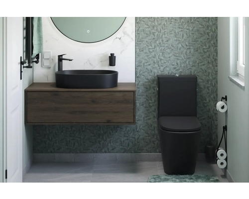 Modernes Badezimmer mit Waschtisch, Aufsatzwaschbecken und wandhängendem WC