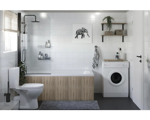 Badezimmer mit Badewanne, Duschabtrennung, Waschmaschine, Toilette und Waschbecken
