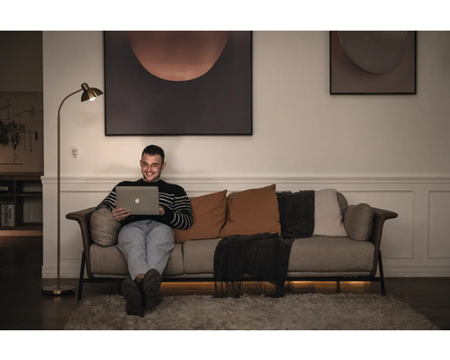 Mann sitzt mit Laptop auf einem Sofa in einem Wohnzimmer mit Stehlampe und Wandkunst