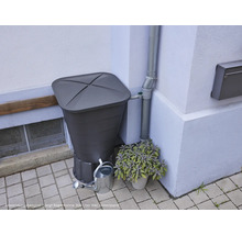 Regentonne mit Regensammler, Gießkanne und Bepflanzung vor Hauswand