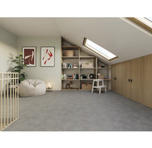 Helles Dachzimmer mit Bücherregal, Dachfenster, Kleiderschrank und Sitzsack.