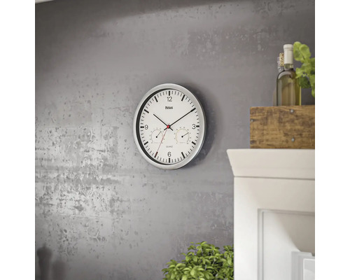 Analoge Wanduhr mit Hygrometer und Thermometer