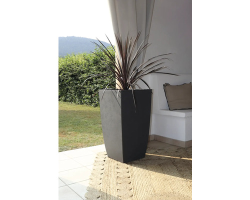 Hoher Pflanzkübel aus Beton mit Pflanze im Außenbereich