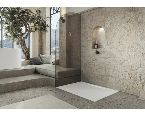 Badezimmer mit Duschwanne, Duschabtrennung aus Glas, Badewanne, Sitzbereich, Mauerwerk und Baum