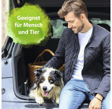 Mann mit Hund im Kofferraum, Text: Geeignet für Mensch und Tier