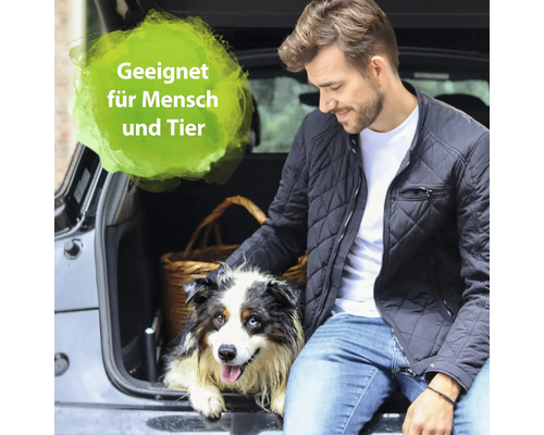 Mann mit Hund im Kofferraum, Text: Geeignet für Mensch und Tier