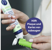 Anwender füllt Hunde-Zahnpasta auf einen Fingerling