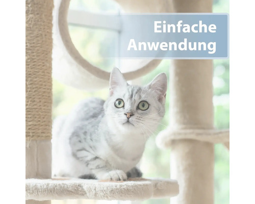 Katze auf einem Katzenkratzbaum mit der Aufschrift ''Einfache Anwendung''.