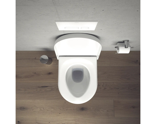 Aufnahme von oben einer Toilette mit Betätigungsplatte und Toilettenpapierhalter