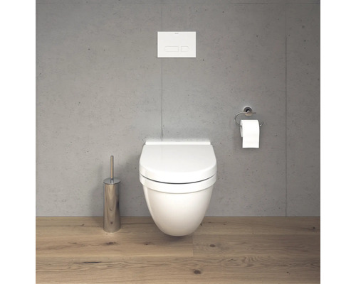 Szene mit einer wandhängenden Toilette, einer Betätigungsplatte, einem Toilettenpapierhalter und einer Toilettenbürste.