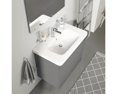 Badezimmer Waschbecken mit Unterschrank, Spiegel, Armatur und Badaccessoires