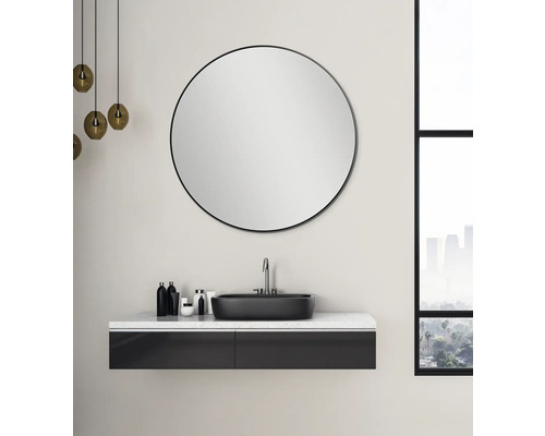 Modernes Badezimmer mit rundem Spiegel, Aufsatzwaschbecken und Waschtischunterschrank