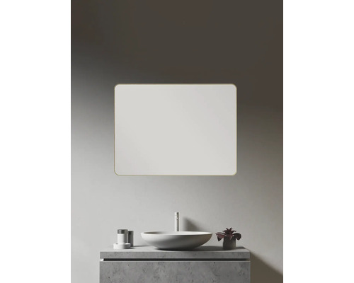 Badezimmer mit Waschbecken, Armatur, Pflanze und rechteckigem Spiegel