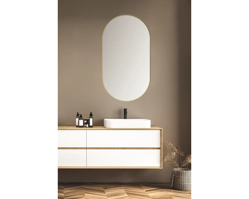 Modernes Badezimmer mit Waschtischunterschrank, Aufsatzwaschbecken und ovalem Spiegel