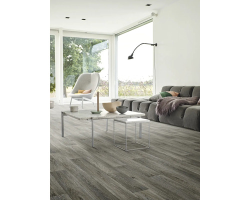 Heller Wohnraum mit grauem Holzboden, Sofa, Tisch und Stuhl