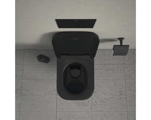 Schwarze Toilette mit Spülkasten, Toilettenbürste und Papierhalter