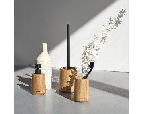 Badezimmer-Accessoire-Set aus Holz mit Seifenspender, Toilettenbürstenhalter und Zahnputzbecher