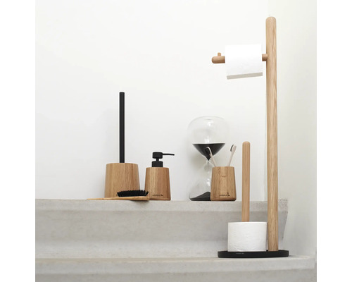 Badezimmer-Accessoire-Set aus Holz mit Toilettenpapierhalter, Toilettenbürste, Seifenspender und Zahnputzbecher