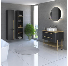 Modernes Badezimmer mit Waschbeckenunterschrank, Spiegelschrank, Hochschrank und Pflanze