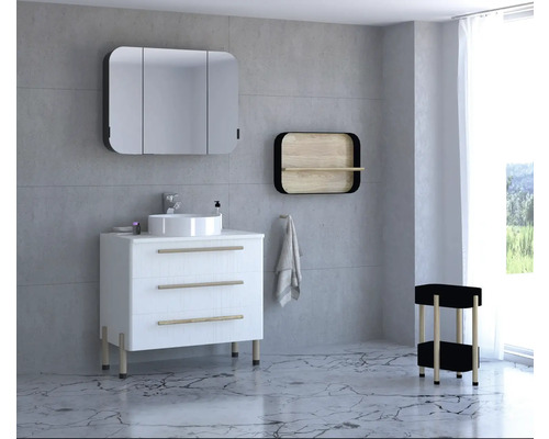Modernes Badezimmer mit Waschtisch, Spiegel, Regal und Hocker