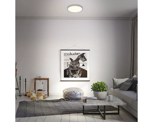 Wohnzimmer mit Deckenleuchte, Teppich und Dekorationsgegenständen.