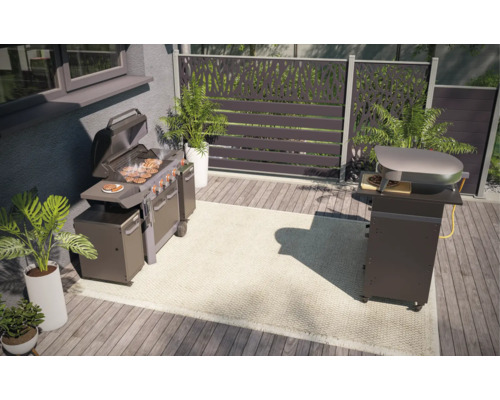 Außenbereich mit Grill, Pizzaofen und dekorativem Sichtschutzzaun