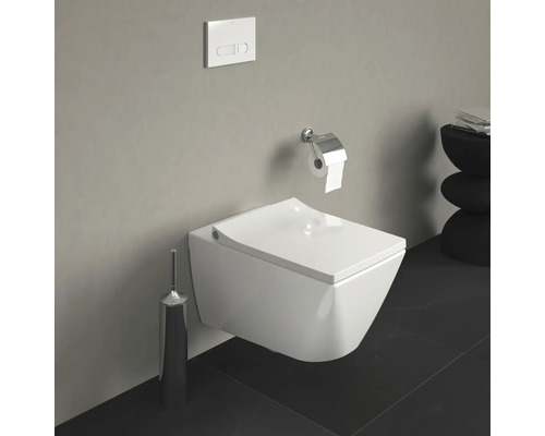 Wandhängendes WC mit Toilettenpapierhalter und Spülkasten in einem Badezimmer.