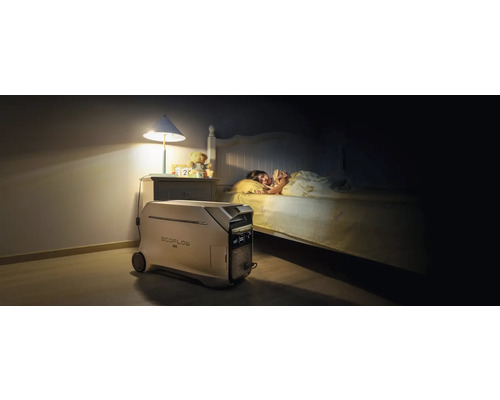 Raumansicht mit Kind im Bett und EcoFlow Powerstation zur Stromversorgung