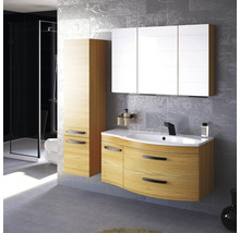 Badezimmer mit Waschtischunterschrank, Spiegelschrank, Hochschrank und Dusche.