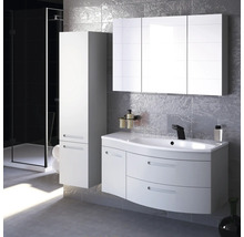 Badezimmer mit Waschbeckenunterschrank, Spiegelschrank, Hochschrank und Dusche