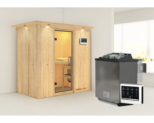 Elementsauna Karibu Mariado inkl. 9 kW Bio Ofen u.ext.Steuerung mit Dachkranz und Ganzglastüre aus Klarglas