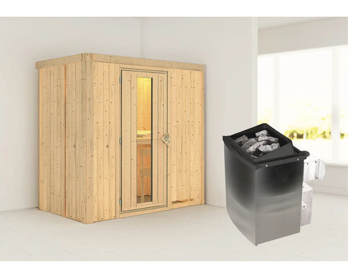 Elementsauna Karibu Mariado inkl. 9 kW Ofen u.integr.Steuerung ohne Dachkranz mit Holztüre und Isolierglas wärmegedämmt