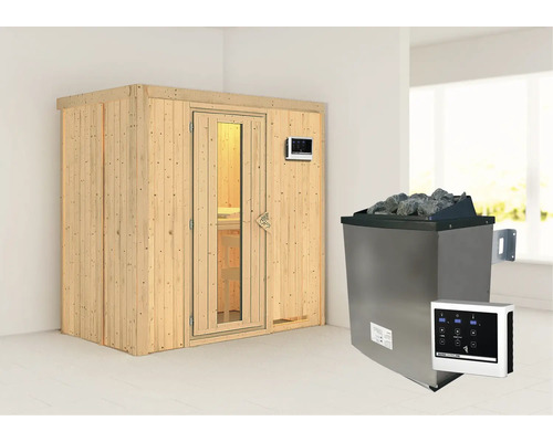 Elementsauna Karibu Mariado inkl. 9 kW Ofen u.ext.Steuerung ohne Dachkranz mit Holztüre und Isolierglas wärmegedämmt