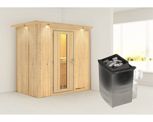 Elementsauna Karibu Mariado inkl. 9 kW Ofen u.integr.Steuerung mit Dachkranz und Holztüre mit Isolierglas wärmegedämmt