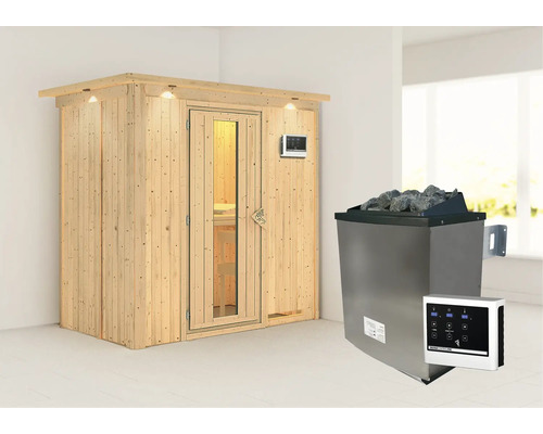 Elementsauna Karibu Mariado inkl. 9 kW Ofen u.ext.Steuerung mit Dachkranz und Holztüre mit Isolierglas wärmegedämmt