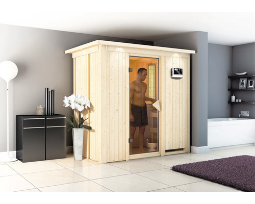 Elementsauna Karibu Mariado inkl. 9 kW Bio Ofen u.ext.Steuerung mit Dachkranz und bronzierter Ganzglastüre