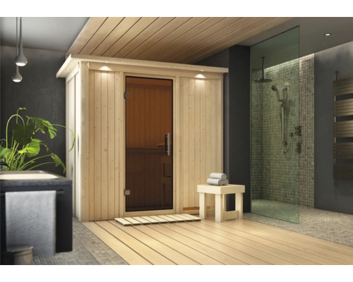 Elementsauna Karibu Mariado ohne Ofen mit Dachkranz und graphitfarbiger Ganzglastüre Elementsauna Karibu Mariado ohne Ofen mit Dachkranz und graphitfarbiger Ganzglastüre