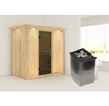 Elementsauna Karibu Mariado inkl. 9 kW Ofen u.integr.Steuerung mit Dachkranz und graphitfarbeneer Ganzglastüre