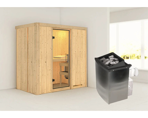 Elementsauna Karibu Mariado inkl. 9 kW Ofen u.integr.Steuerung ohne Dachkranz mit Ganzglastüre aus Klarglas