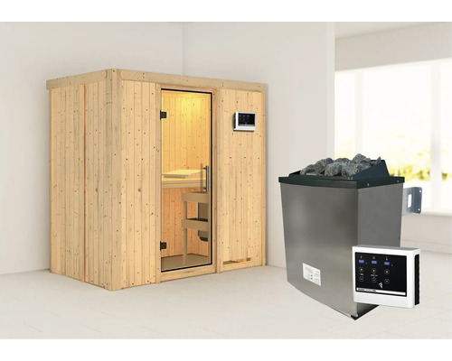 Elementsauna Karibu Mariado inkl. 9 kW Ofen u.ext.Steuerung ohne Dachkranz mit Ganzglastüre aus Klarglas