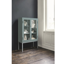 Vitrine mit Glastüren und Regalen auf Füßen im Wohnzimmer