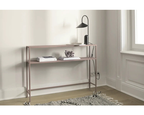 Konsole mit zwei Regalböden, darauf Dekoration und eine Lampe