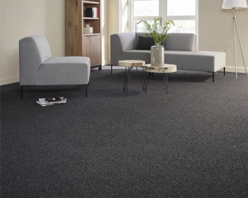 Wohnzimmer mit grauer Auslegware, Sofa und Sessel.