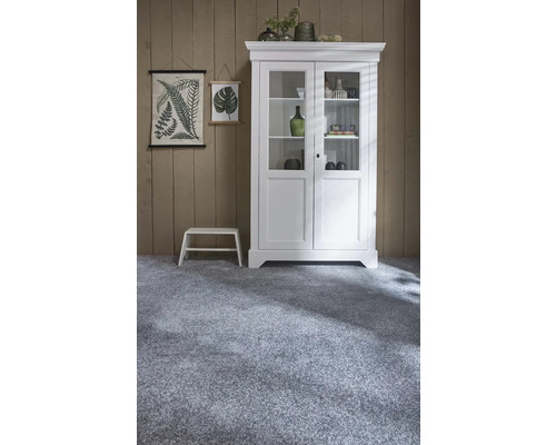 Wohnzimmer mit grauer Auslegware, einem weißen Schrank und Wanddekorationen