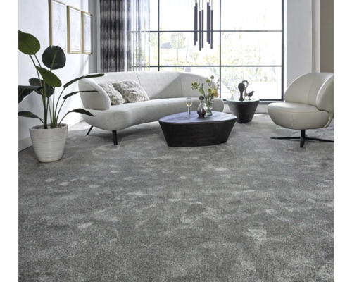 Wohnzimmer mit Teppich, Sofa, Sessel, Tisch und Zimmerpflanze