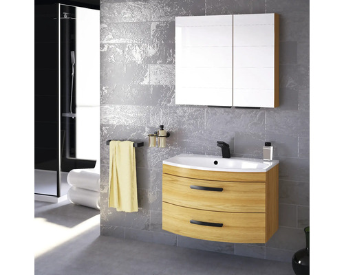 Modernes Badezimmer mit Waschtisch, Spiegelschrank und Dusche